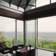 Ushas farmhouse living room interior with mountain views