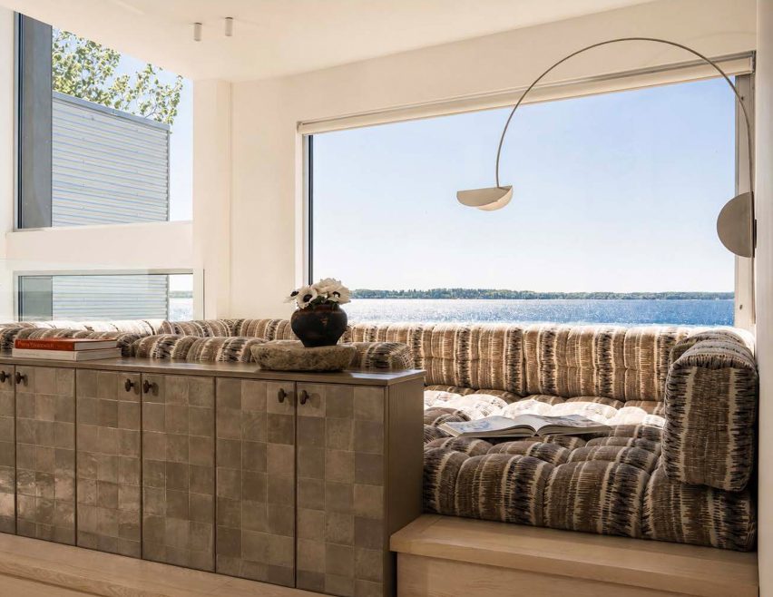 A large lounge area overlooking Lake Michigan