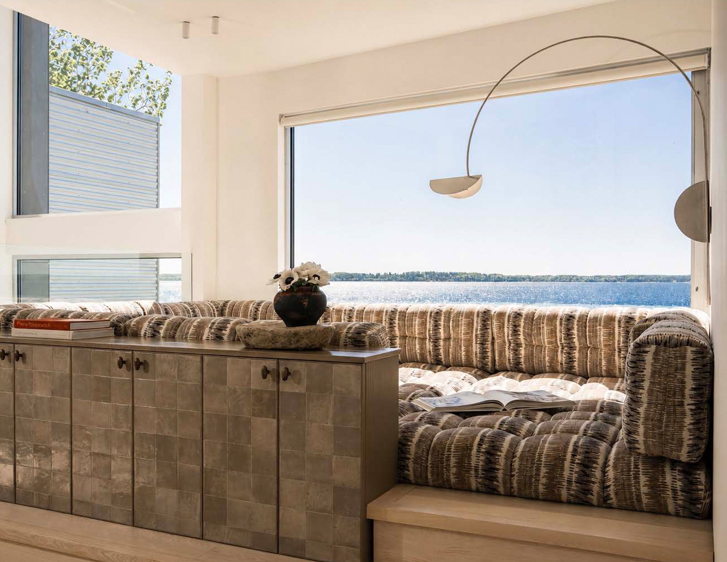 A large lounge area overlooking Lake Michigan
