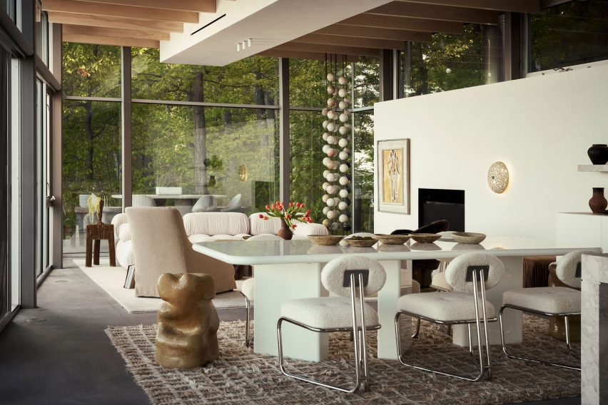 A Kelly Farley sculpture creates a focal point in a living and dining area