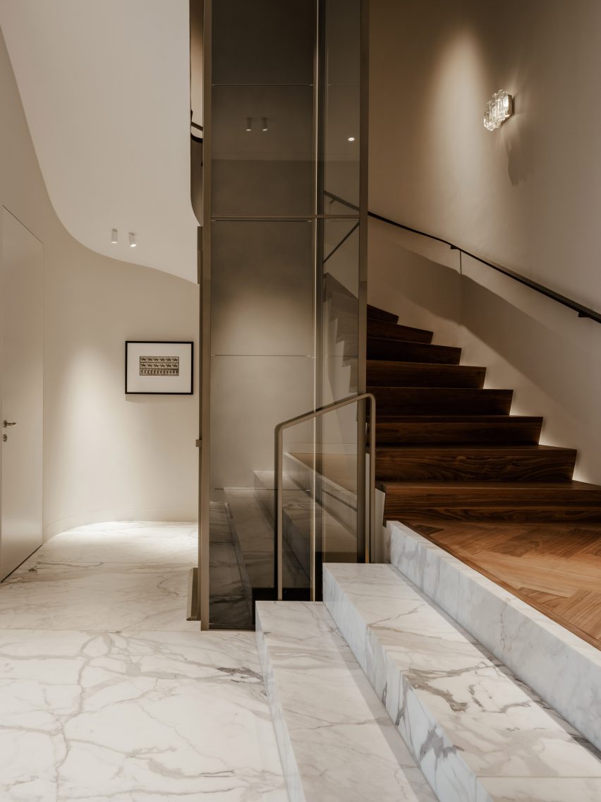 A walnut-clad staircase
