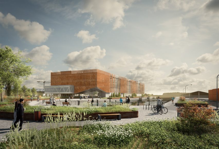 Render of a professional hub for architects, featuring meandering walkways and green space
