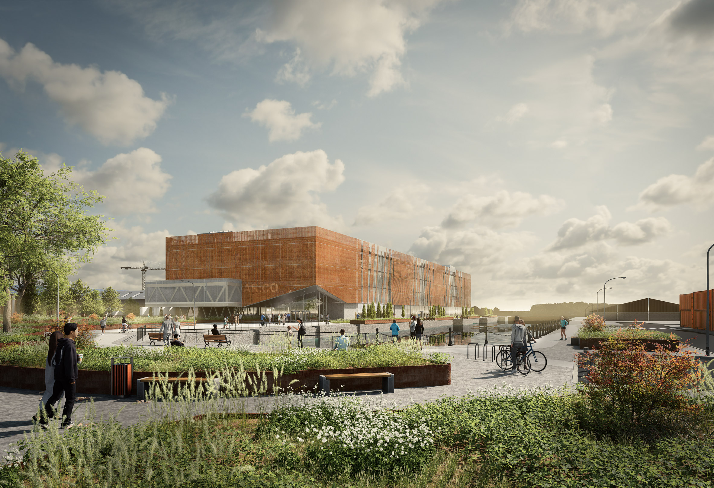 Render of a professional hub for architects, featuring meandering walkways and green space