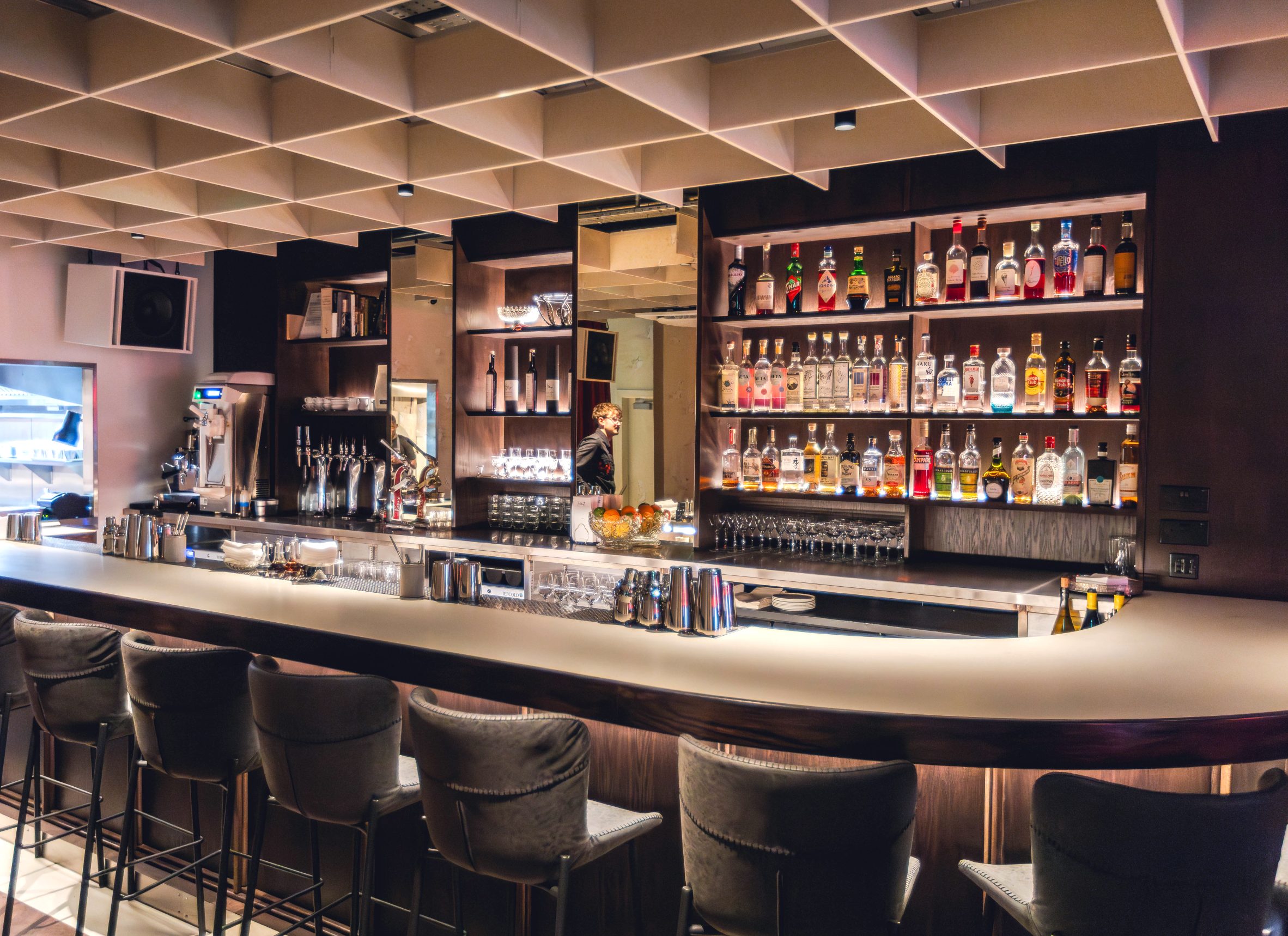 Bar interior, with gridded sound panelling above