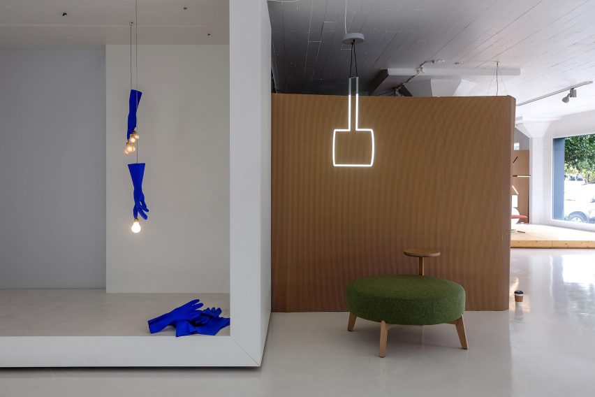 Lighting designs displayed within a gallery