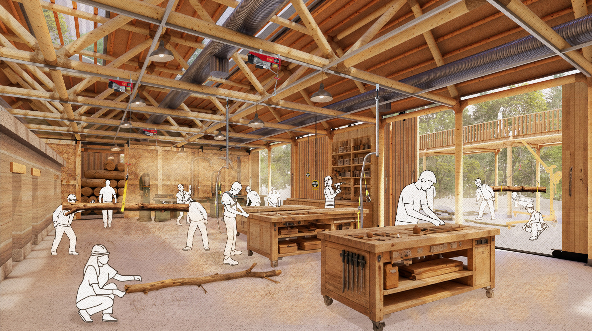 Render of a woodworking workshop featuring white cartoon-like figures