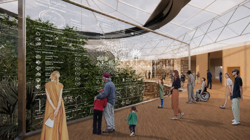 Render of community building featuring people looking at a screen that documents AI usage