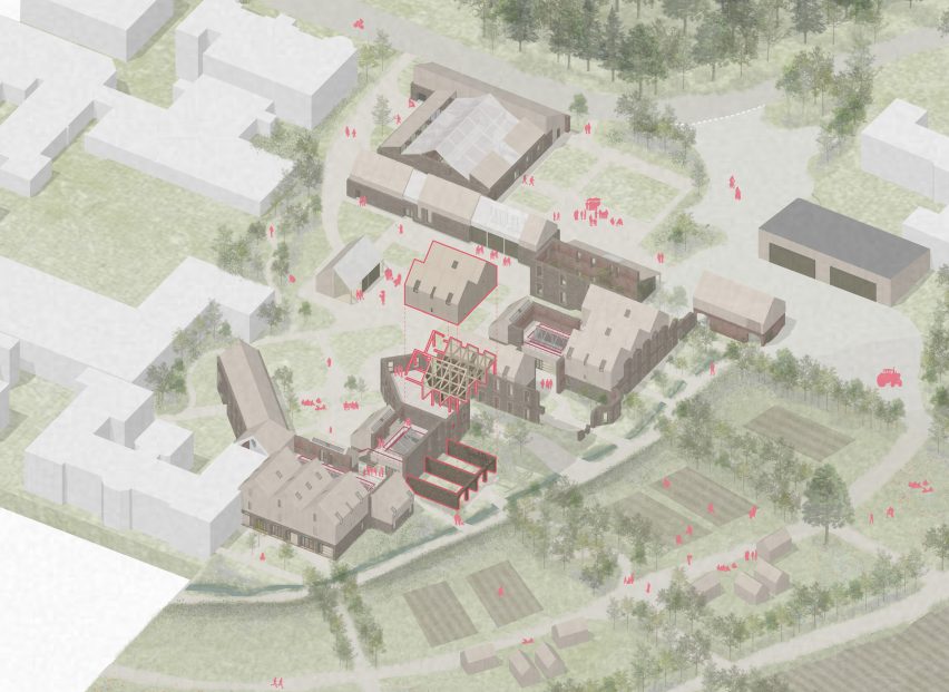 Bird's eye architectural drawing of Mid Wales Hospital