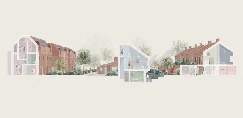 Architectural drawing of a neighbourhood with the inside of rooms visible