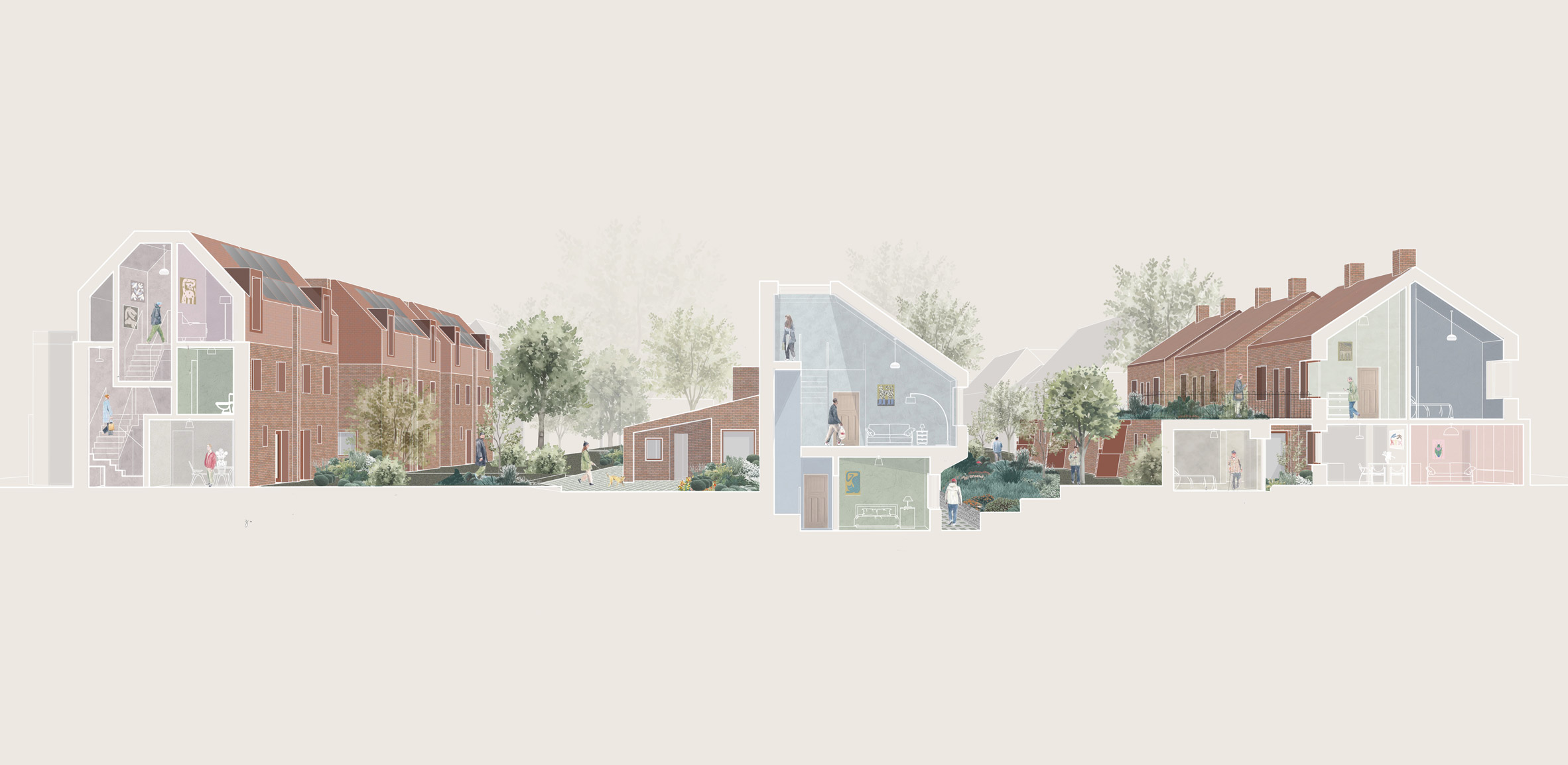 Architectural drawing of a neighbourhood with the inside of rooms visible 