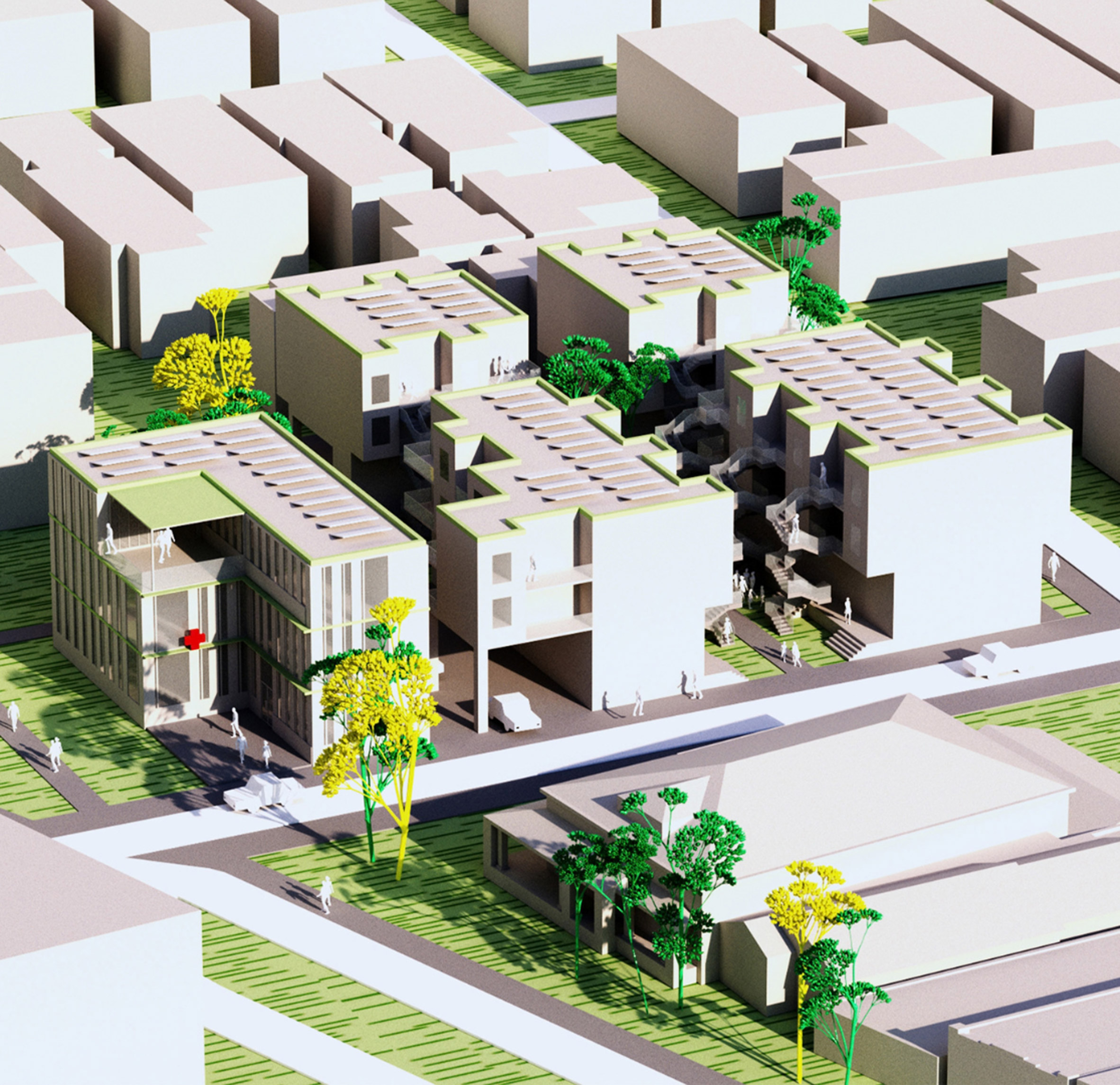 Architectural render of urban buildings.