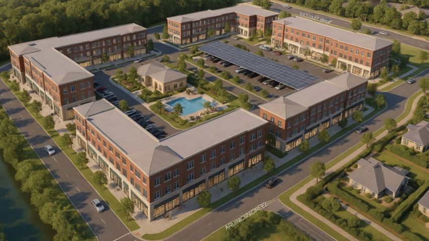 Architectural render of urban buildings built around a central courtyard area.