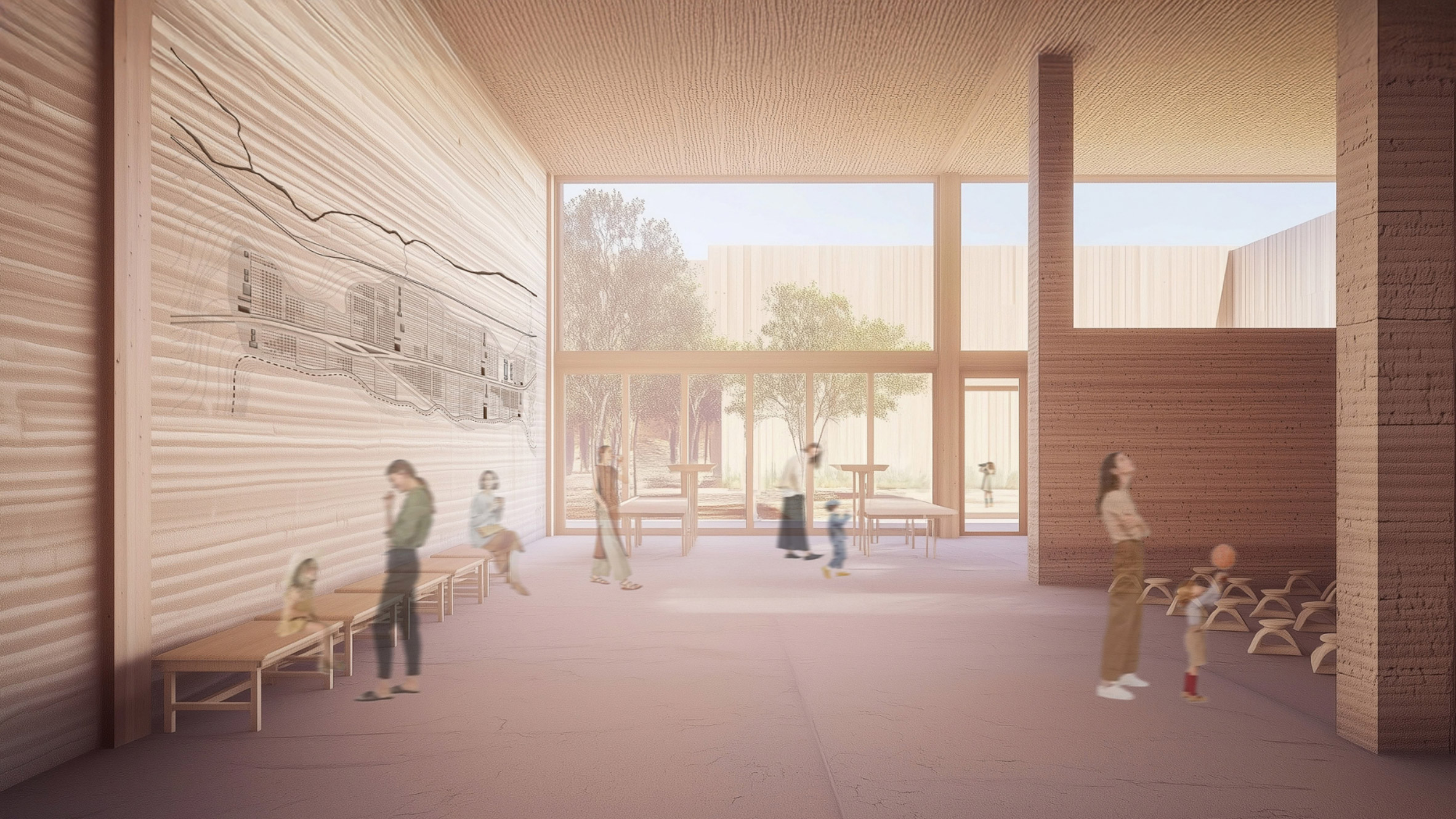 Interior render of people in a community centre with a feature wall and wooden benches. There is a large window looking out onto trees.