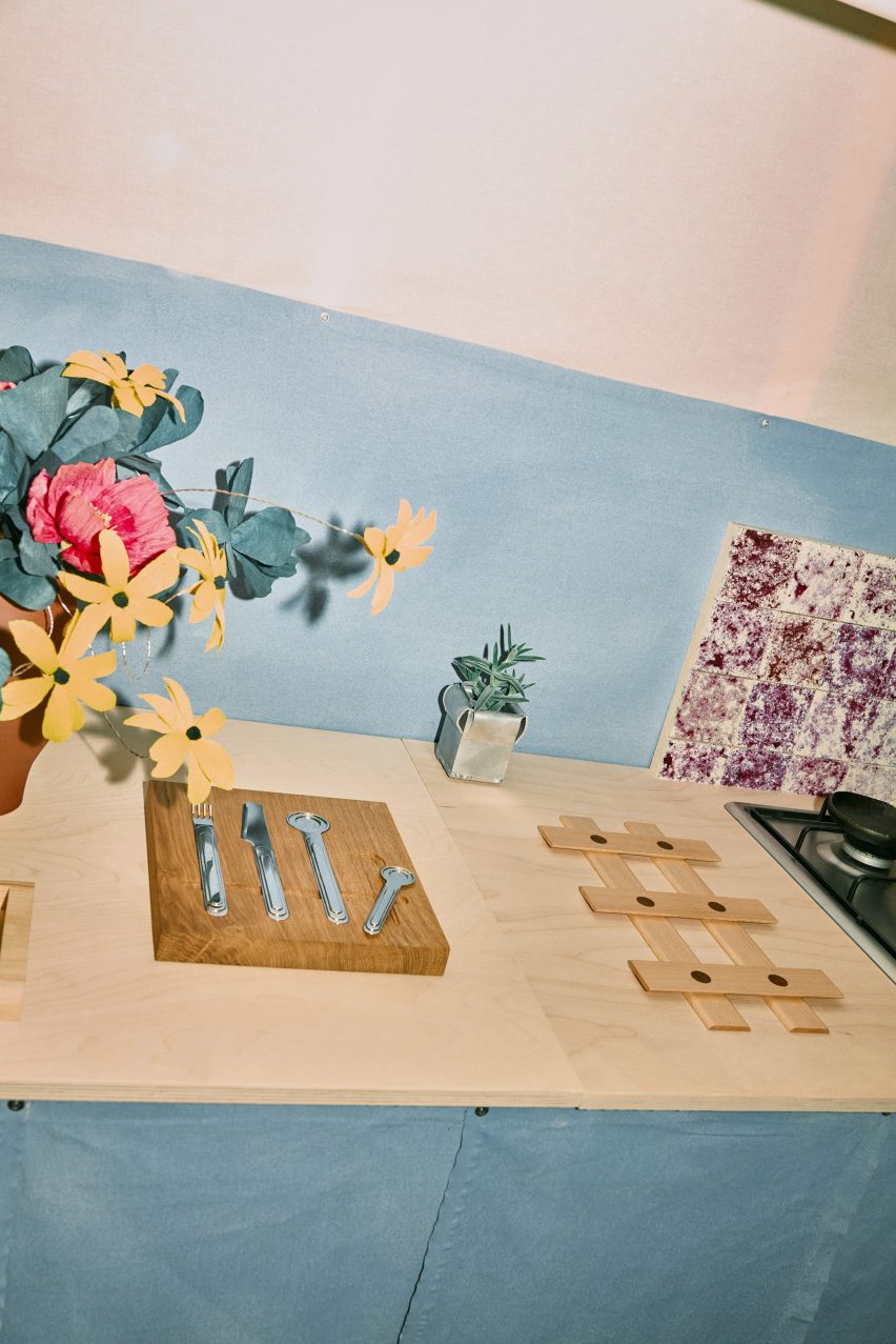 Close-up of blue kitchen
