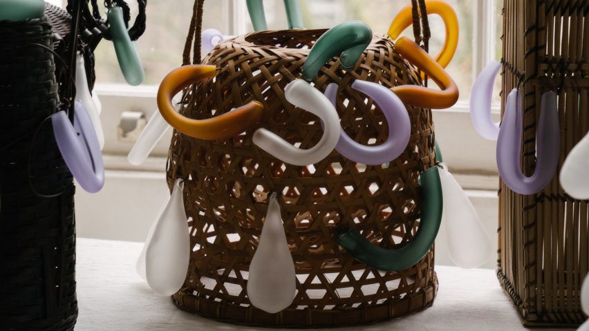 Bamboo baskets with hand-blown glass made by Dima Srouji for a Gucci exhibition at Milan design week 2025