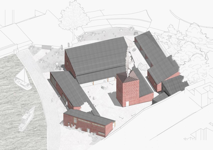 Architectural visualisation of cluster of buildings next to a dock