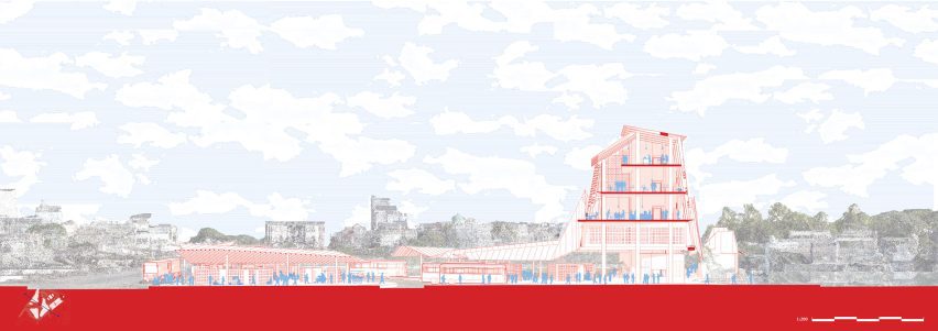 Architectural sectional drawing showing large building