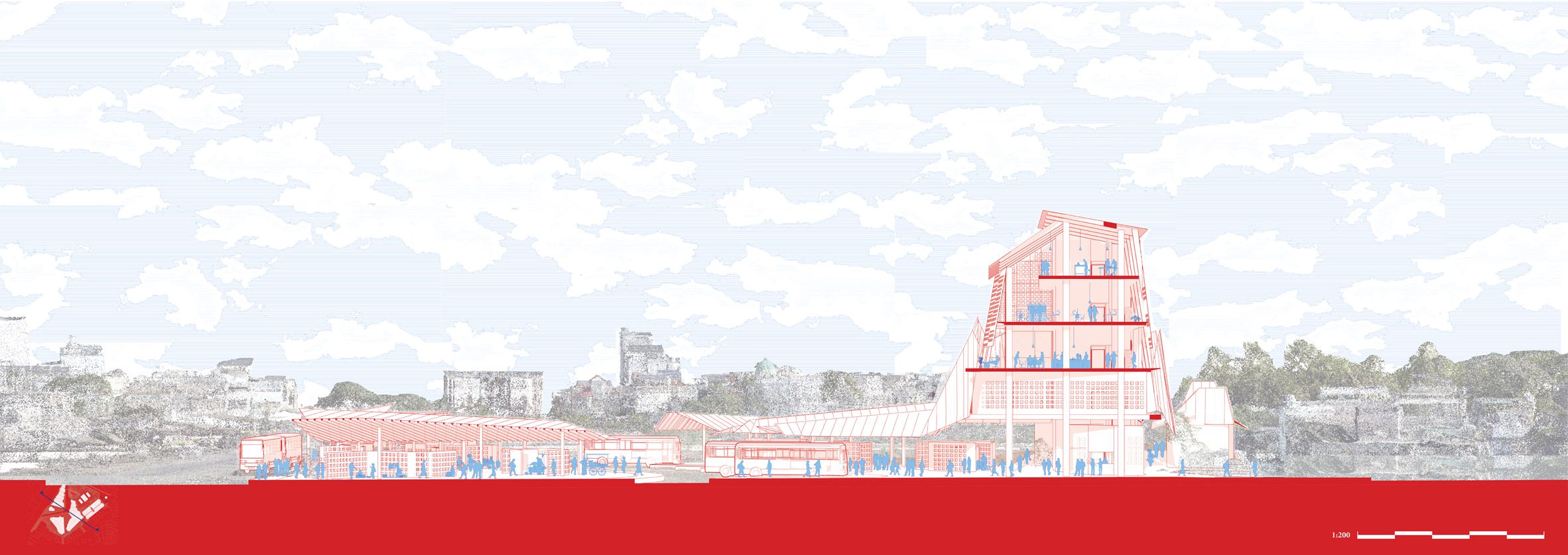 Architectural sectional drawing showing large building