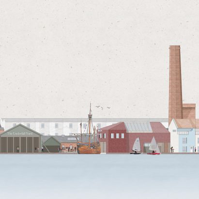 Architectural elevation drawing of dockside site