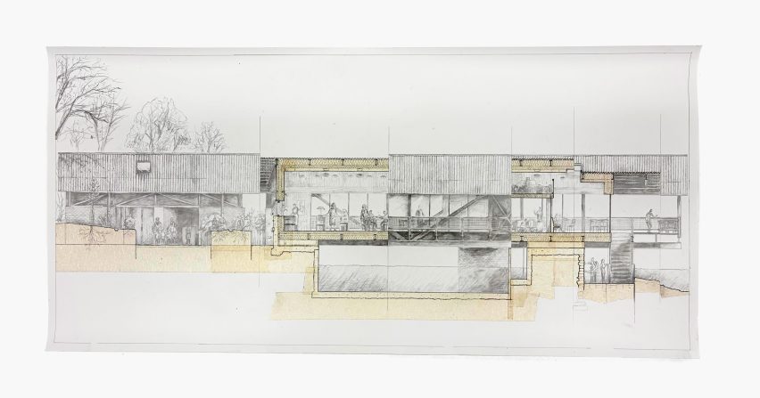 Illustration-style sectional drawing of building