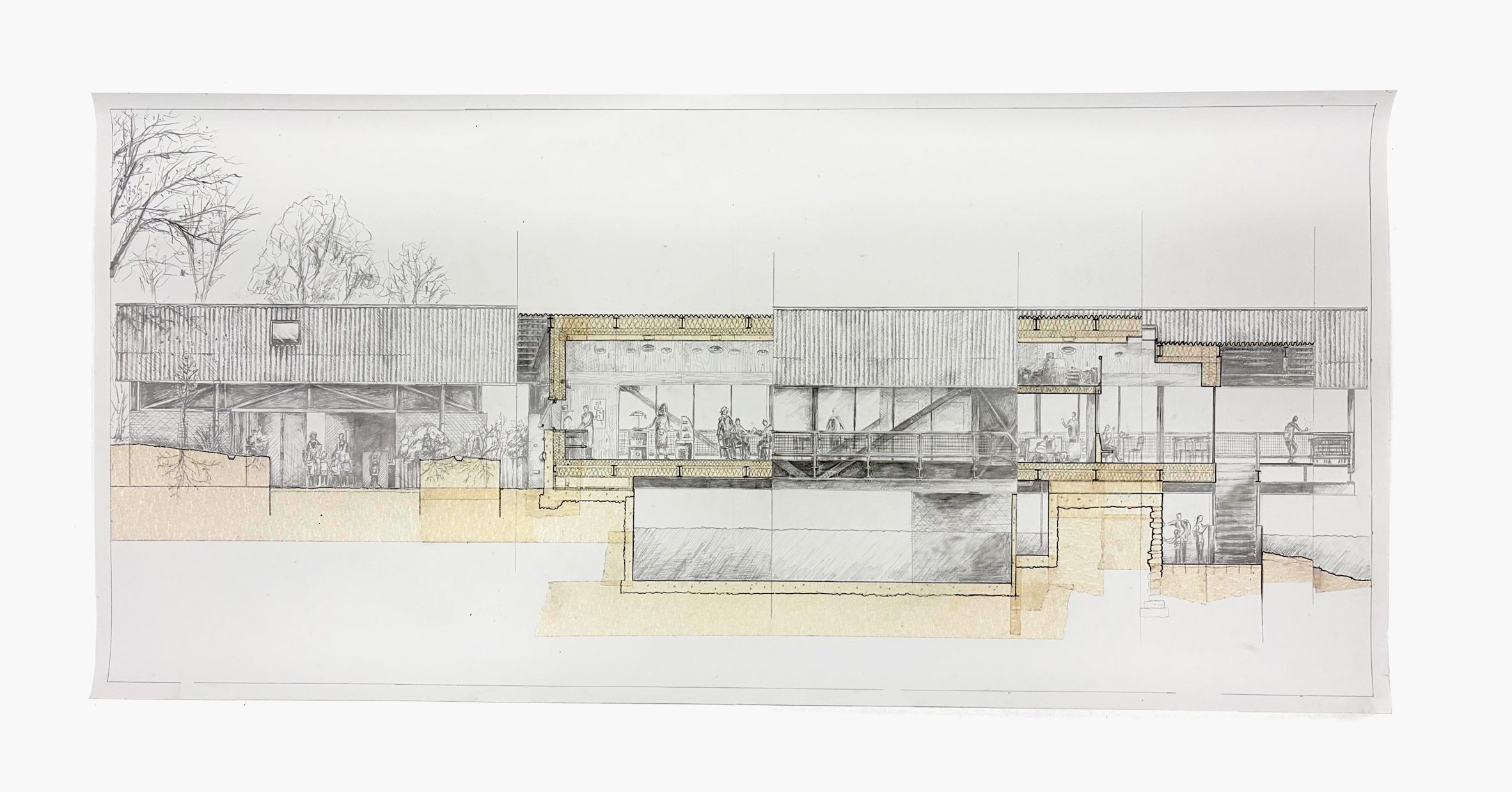 Illustration-style sectional drawing of building