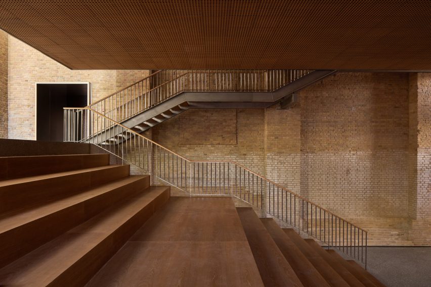 Bleacher-like seating in a gallery