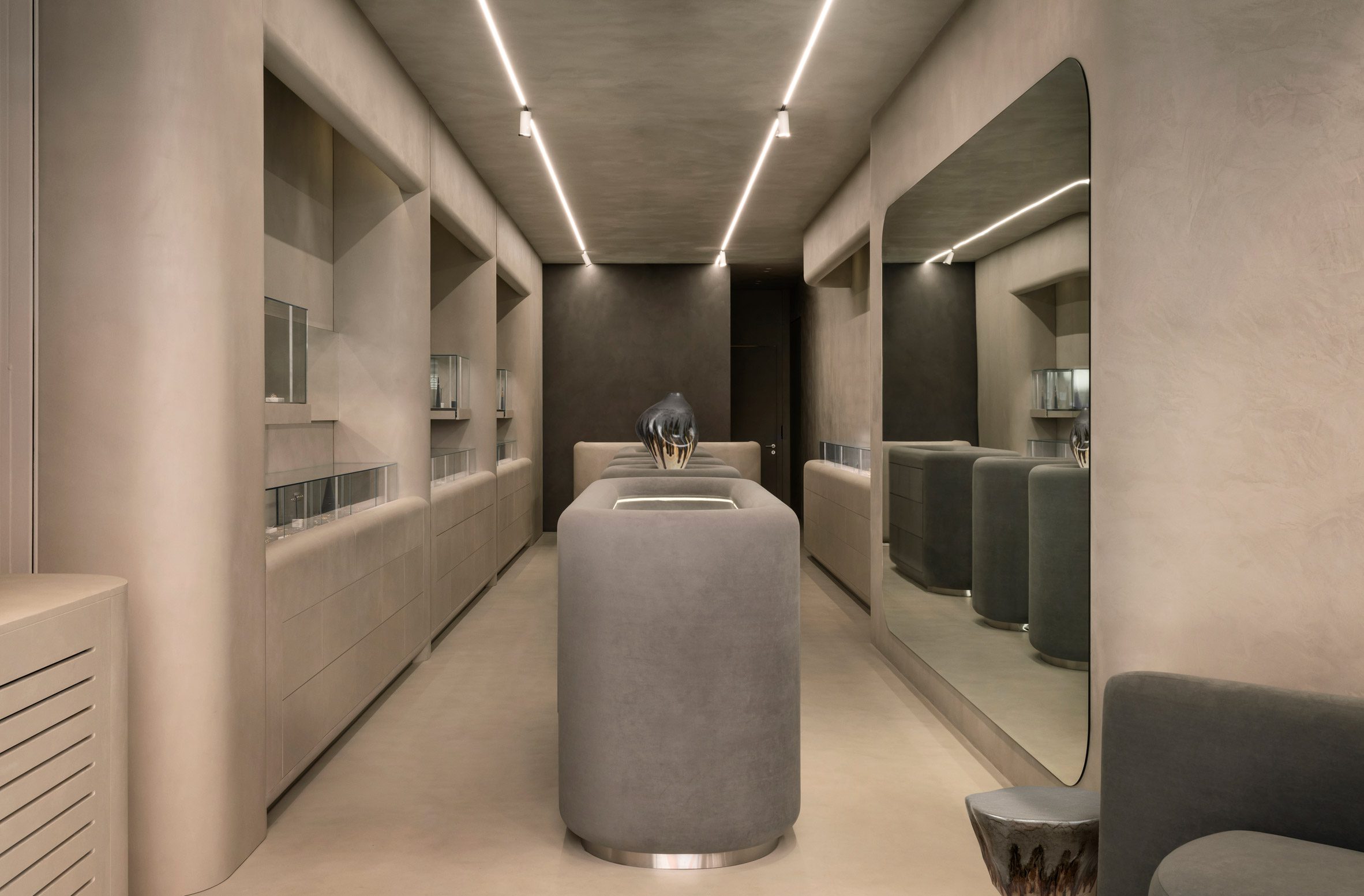 Guzema jewellery boutique interior coloured in a warm beige tone