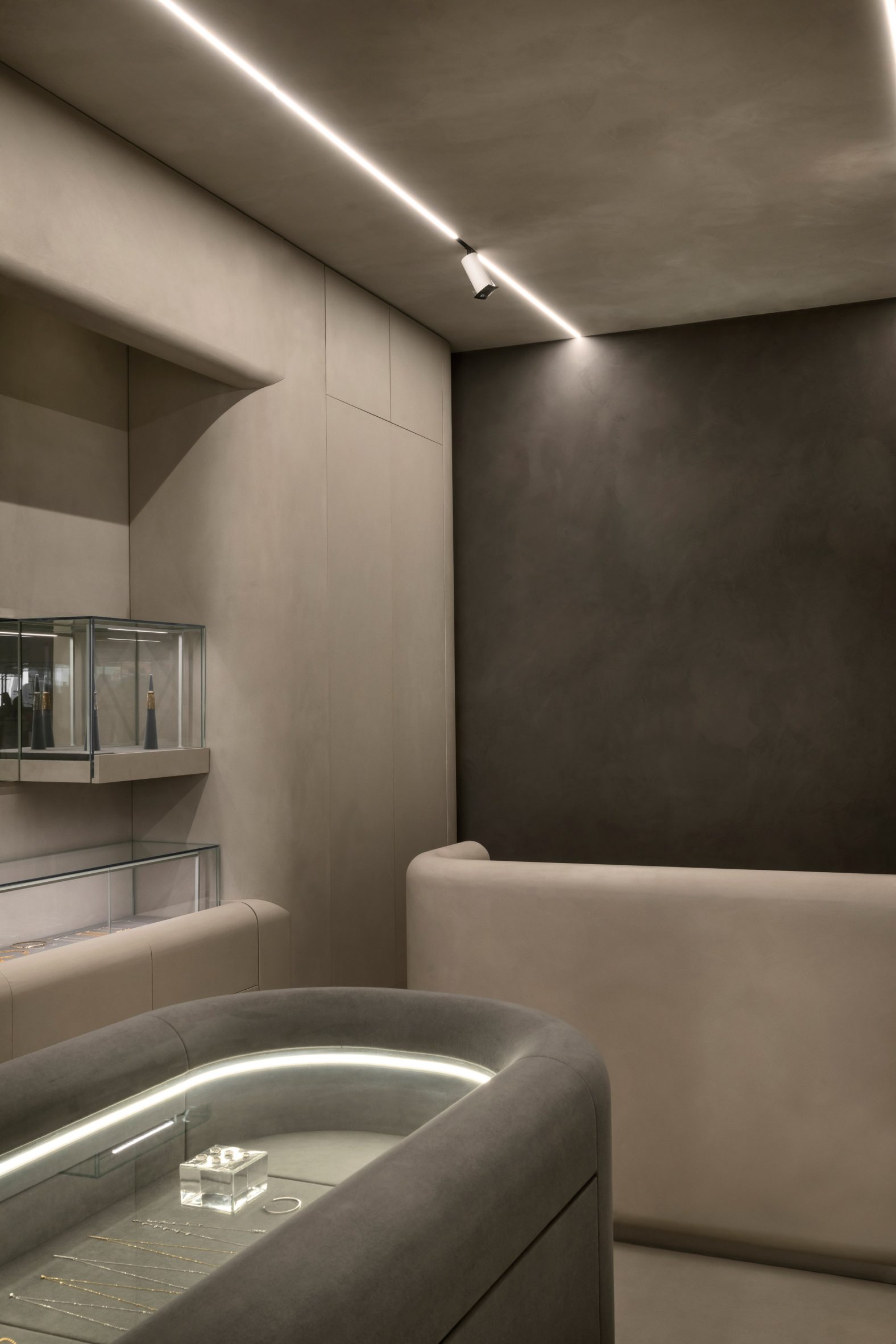 Mineral-toned plaster creates texture across portions of a store's walls and ceiling