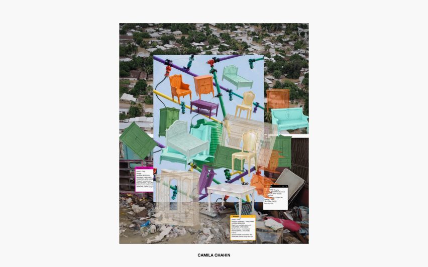 Collage image showing flood devastation overlaid with pop-coloured furniture