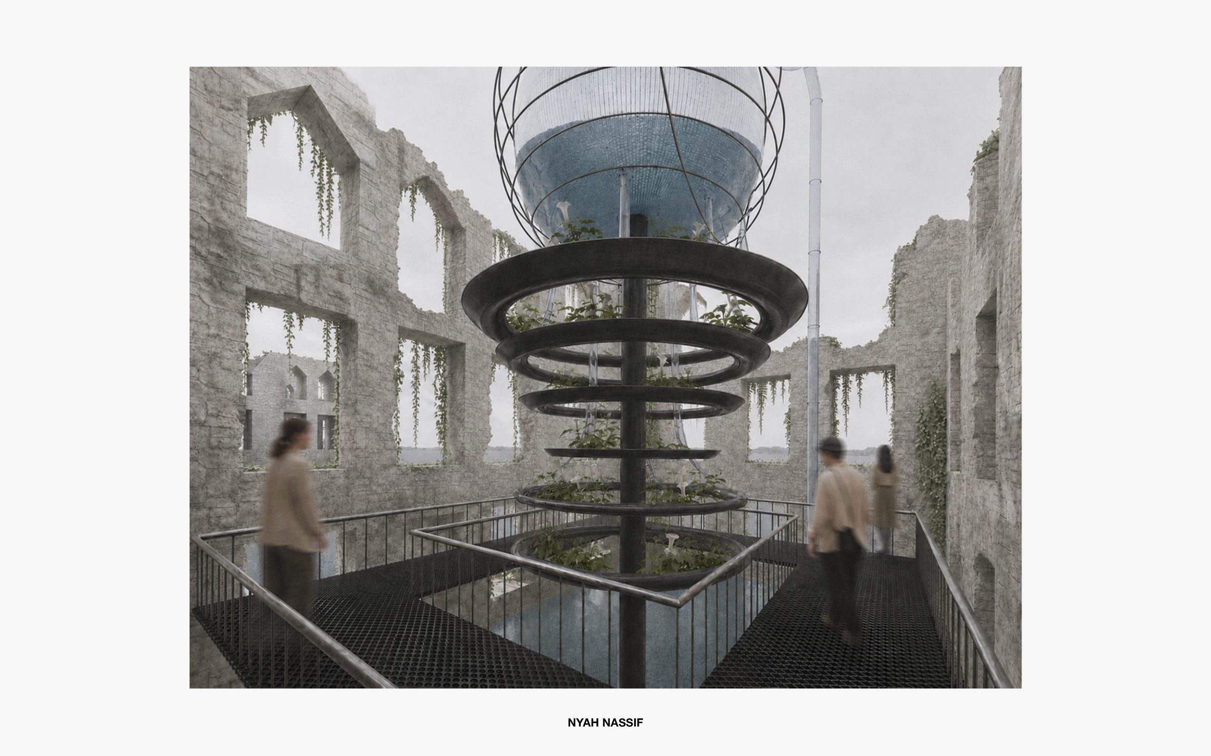 Visualisation of a derelict building with a structure in the center