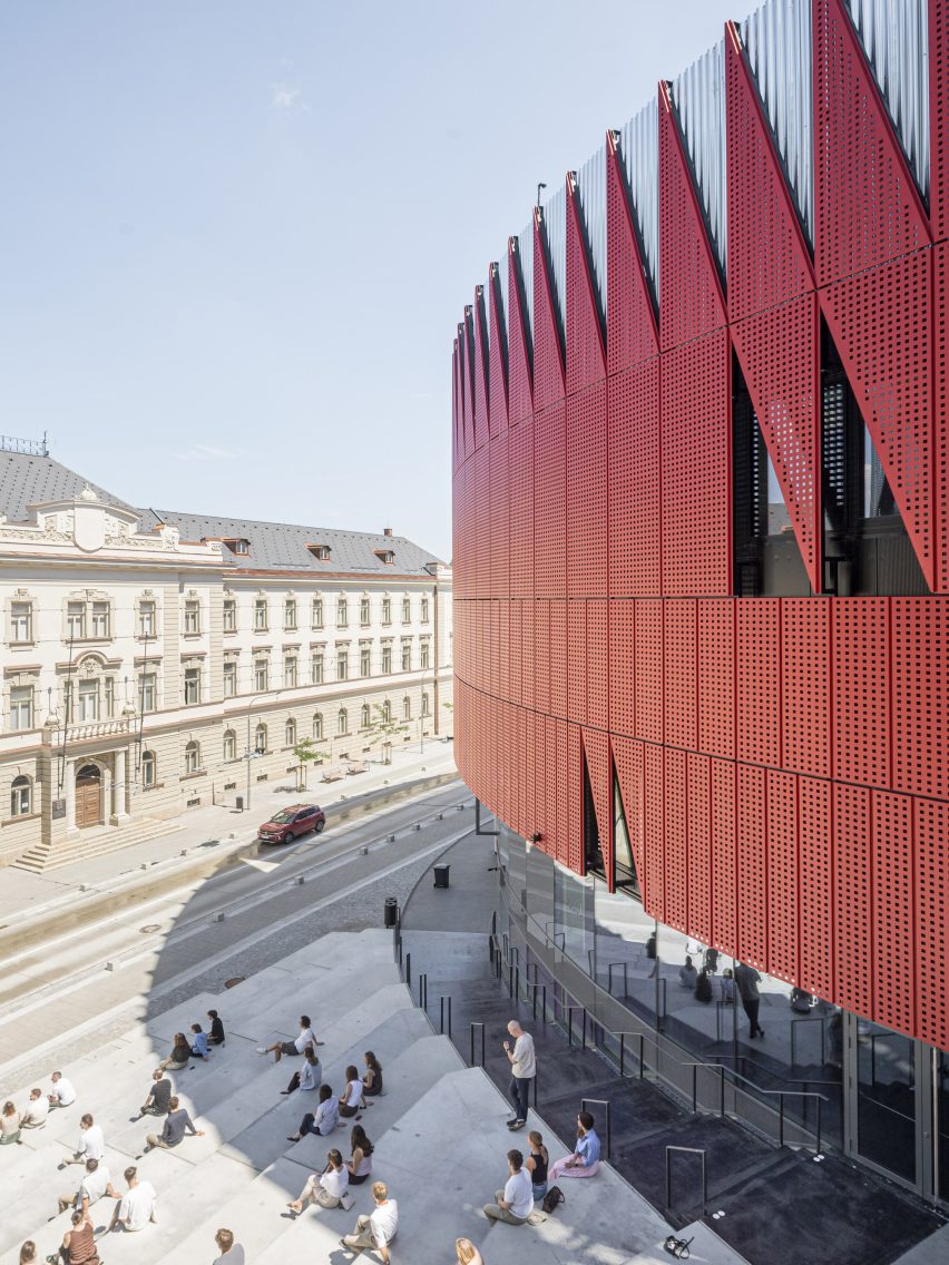 red zigzagging facade