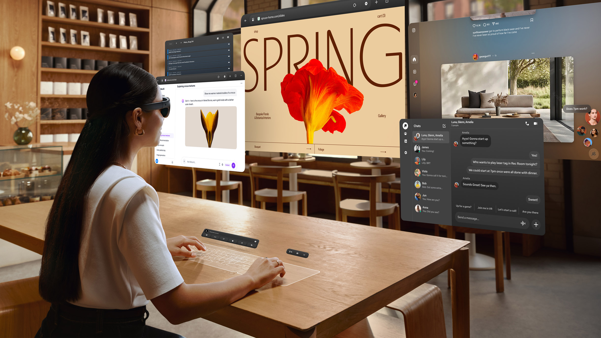 Image of a person from behind wearing the Meta VR Glasses as they work at a desk, with a virtual multi-screen set-up around her as if viewed through her eyes