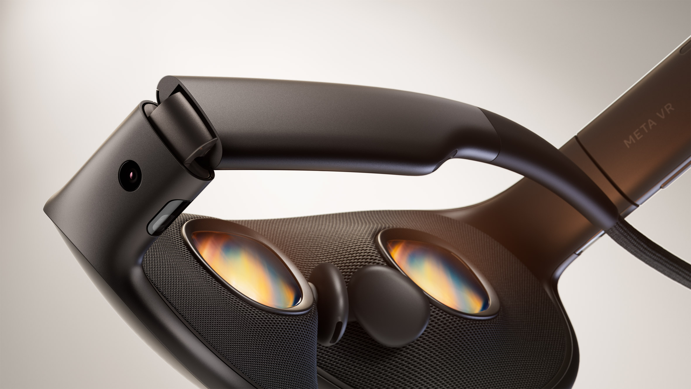 Image of the inside of the Meta VR glasses showing a soft mesh structure inside the frame with small lenses in the line of sight for each eye