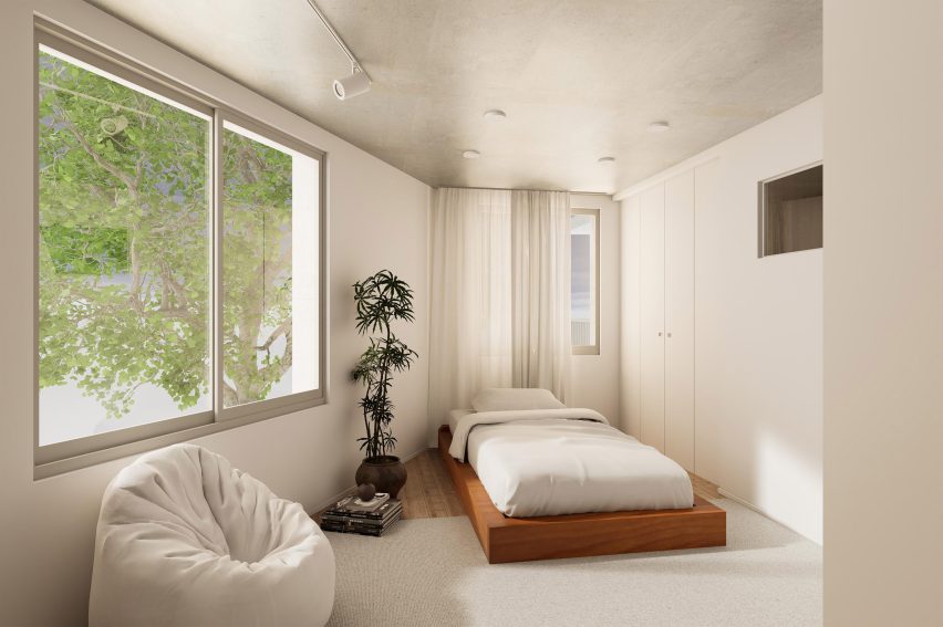 Bedroom interior at Shin Nakano Trapezoidal housing block in Tokyo