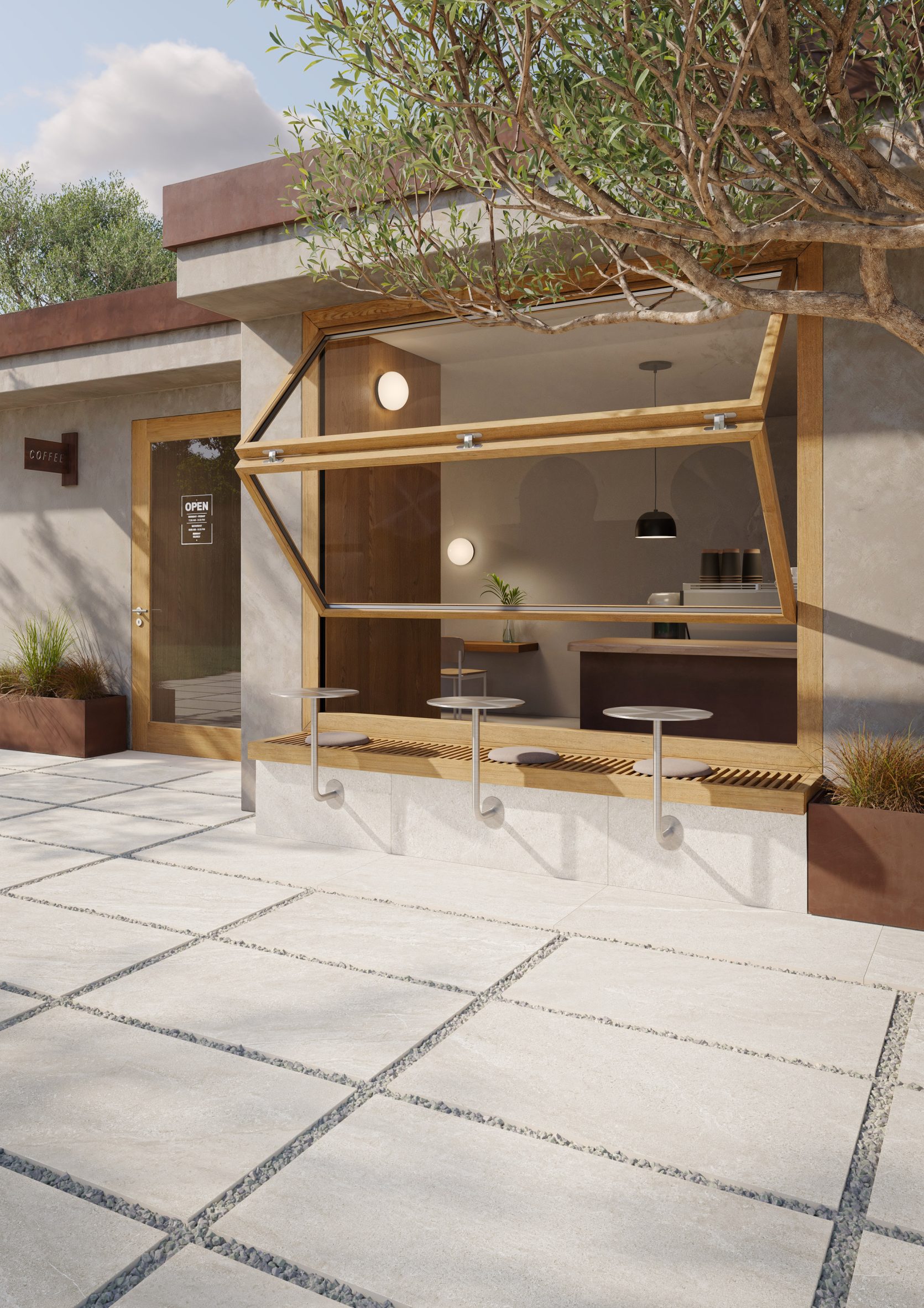 Saxum tiles outside cafe