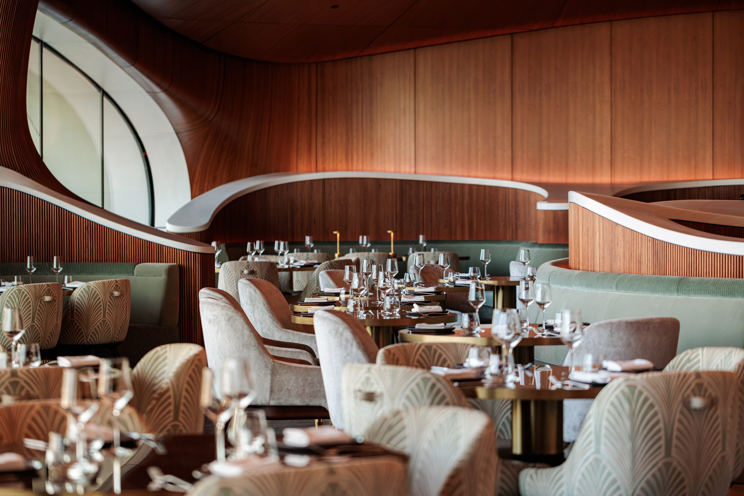 Restaurant interior is cherry wood panelling throughout