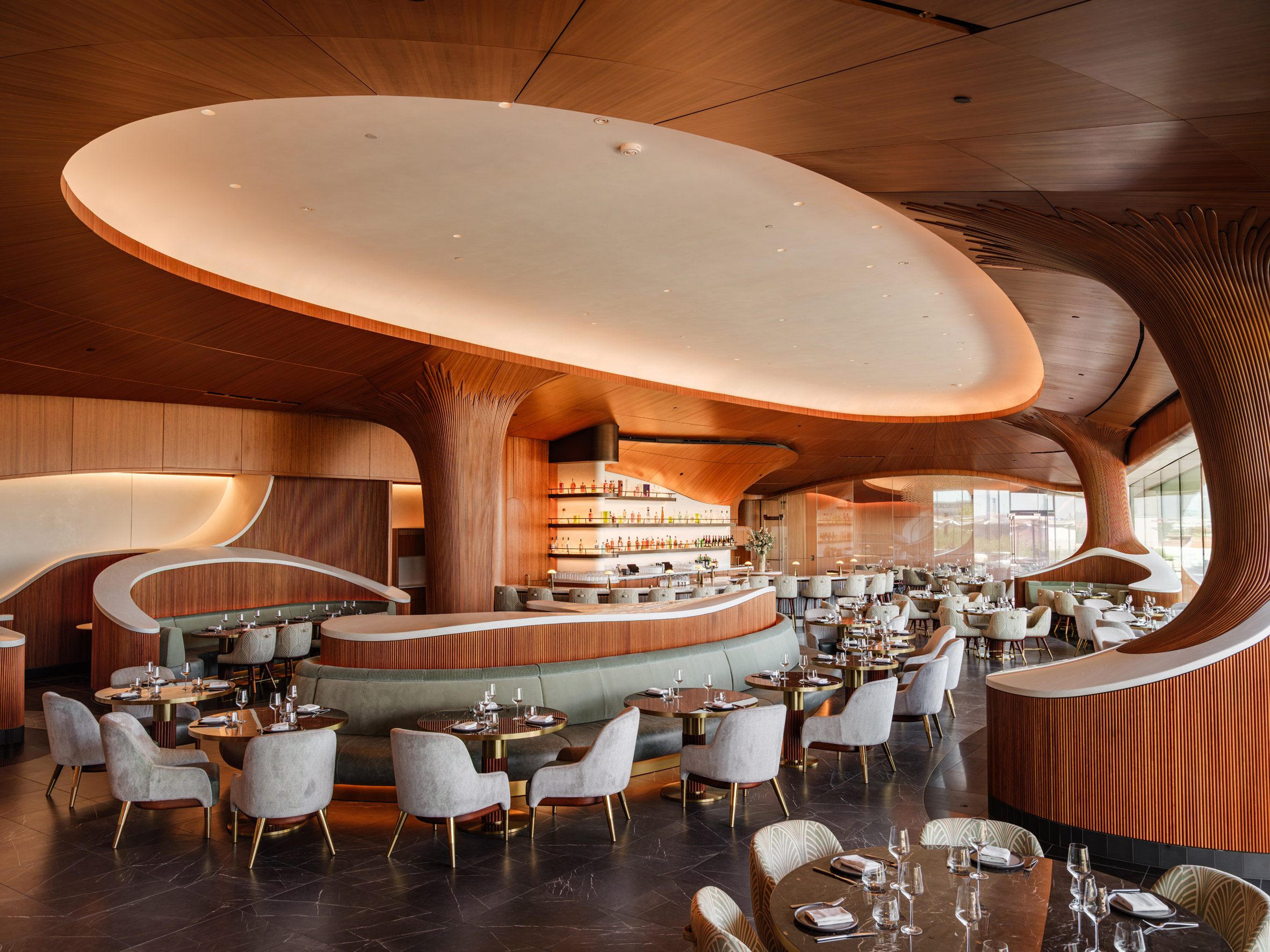 Interior of the Skywalker Grill restaurant, featuring no 90-degree angles