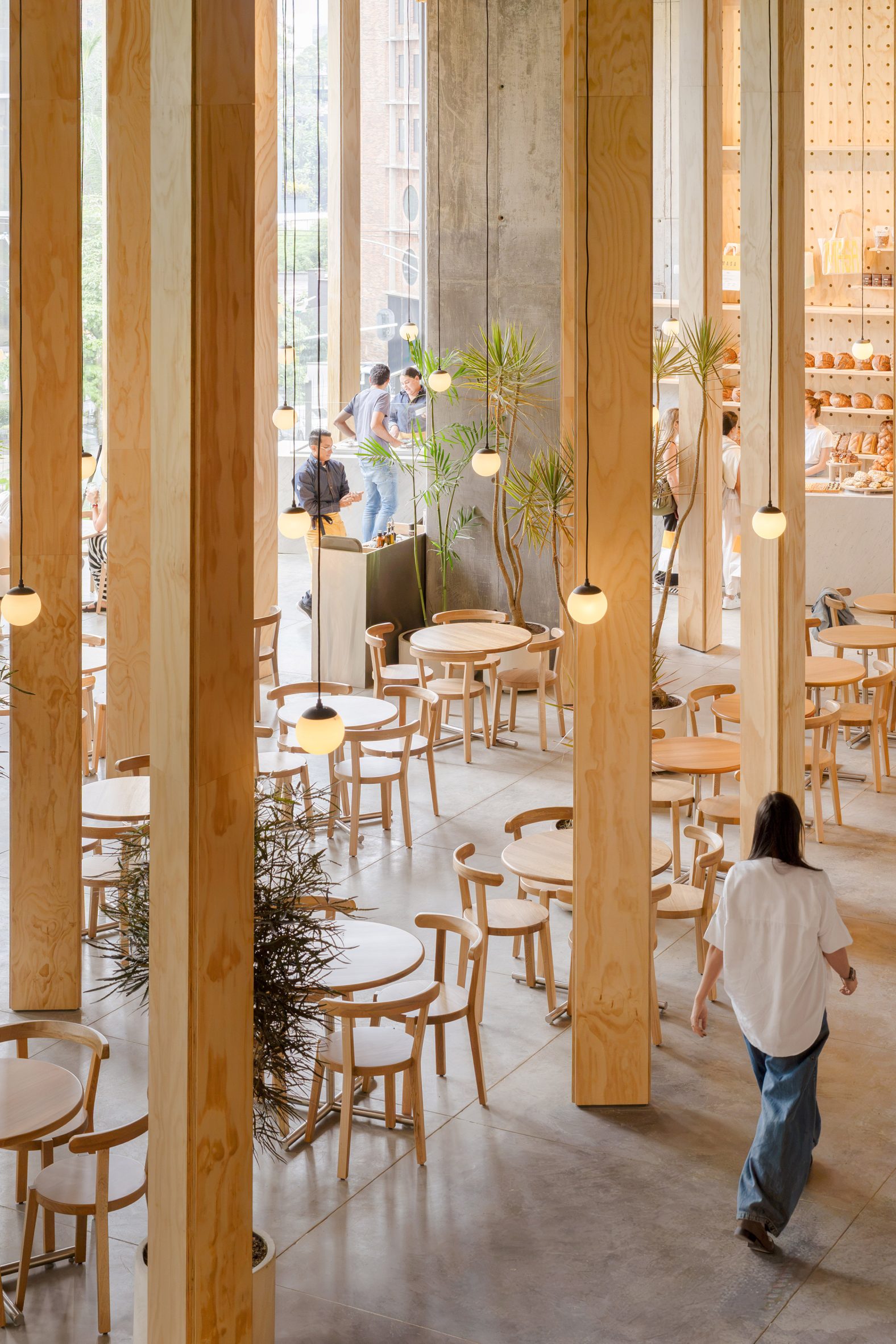 Wooden pillars in cafe