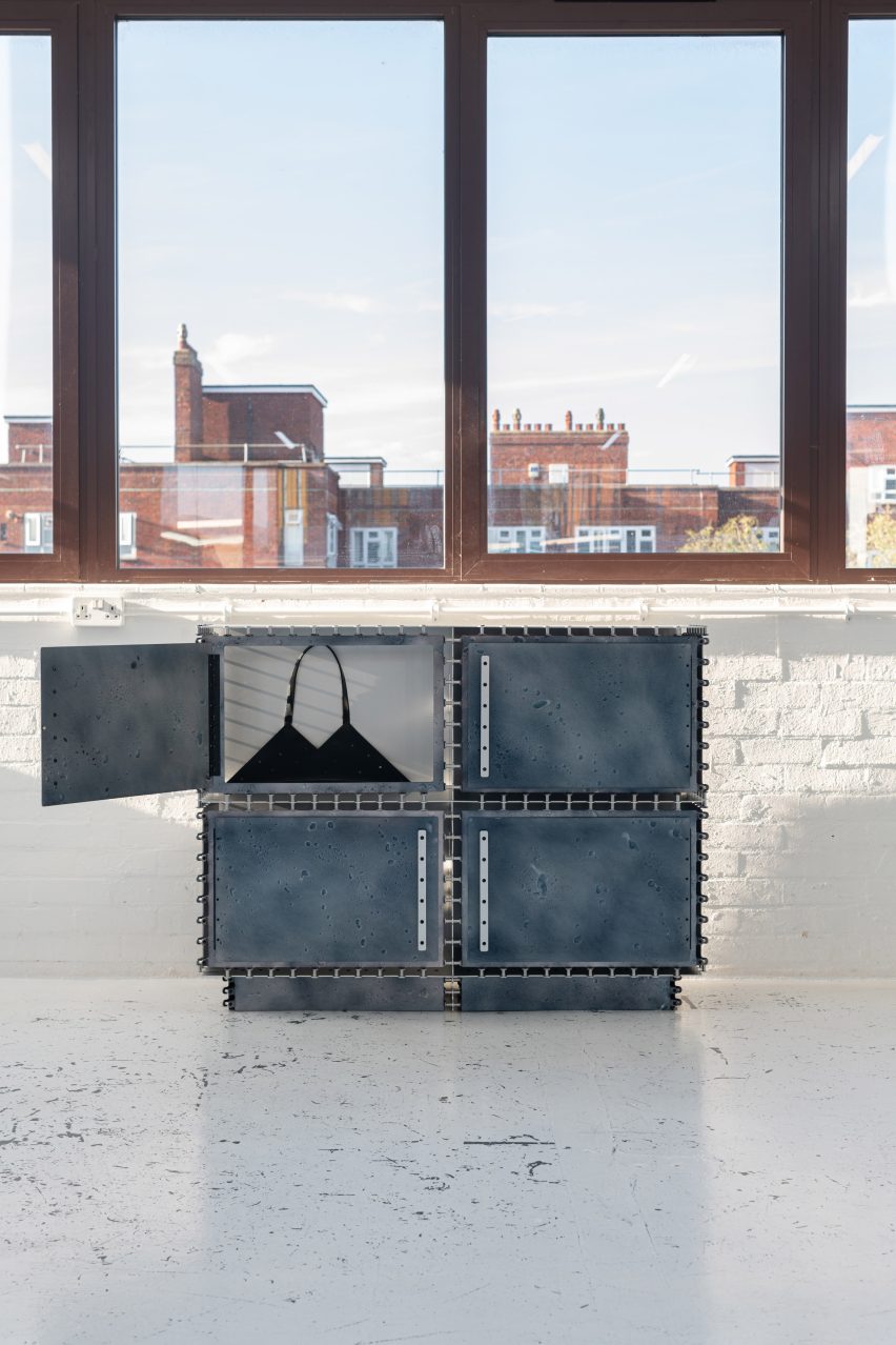 Metal sideboard with bag in it