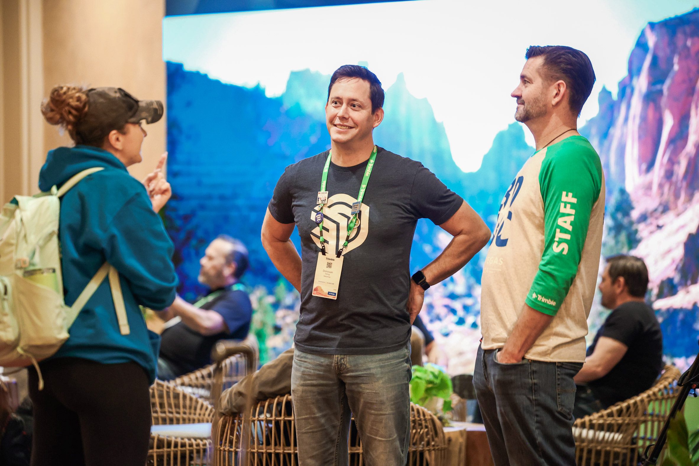 Three attendees talking in a lounge area at the 3D Basecamp Summit