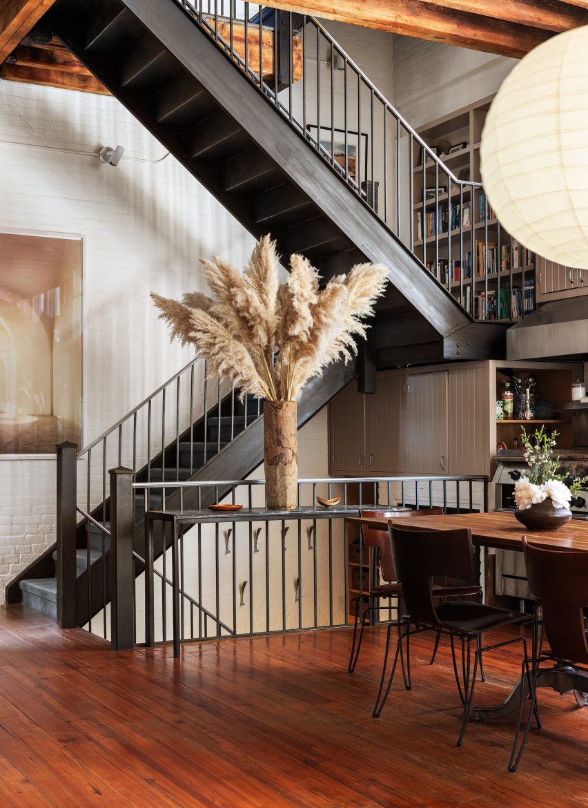 A steel staircase connecting a home's four levels