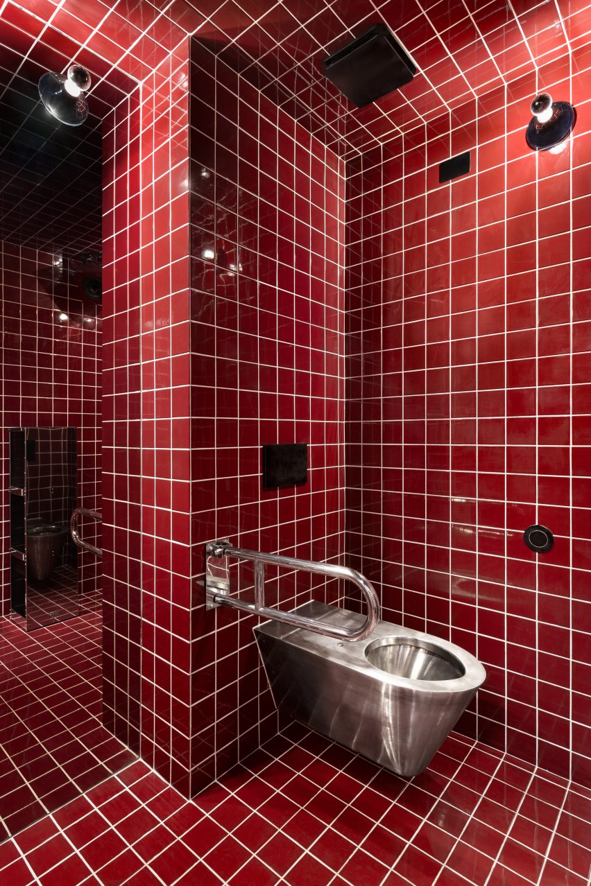 Bright red bathroom