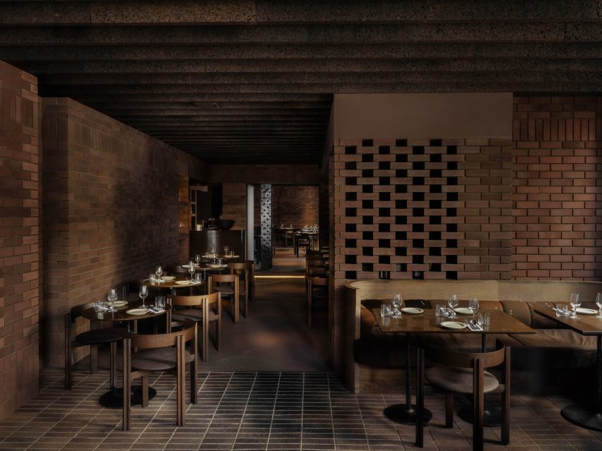 Interior of brick restaurant