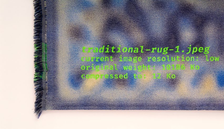 Detail photo of corner of a rug with writing embroidered onto it